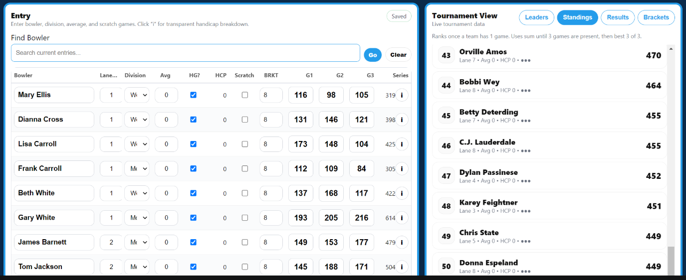 RECAP Tournament Commander showing bowler entry, scoring, standings, results, and brackets